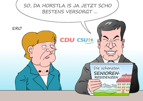 Cartoon: Merkel Söder (medium) by Erl tagged politik,politischer,aschermittwoch,bayern,csu,redner,markus,söder,nachfolger,horst,seehofer,ministerpräsident,nachfolge,geklärt,begrenzung,amtszeit,wink,zaunpfahl,bundeskanzlerin,angela,merkel,cdu,rente,seniorenresidenz,karikatur,erl,politik,politischer,aschermittwoch,bayern,csu,redner,markus,söder,nachfolger,horst,seehofer,ministerpräsident,nachfolge,geklärt,begrenzung,amtszeit,wink,zaunpfahl,bundeskanzlerin,angela,merkel,cdu,rente,seniorenresidenz,karikatur,erl