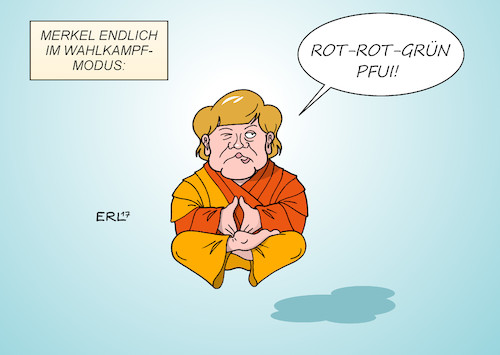 Cartoon: Merkel Wahlkampf (medium) by Erl tagged bundeskanzlerin,angela,merkel,cdu,bundestagswahl,landtagswahl,nrw,wahlkampfmodus,kampf,konfrontation,charakter,ruhe,analyse,sachlichkeit,gelassenheit,buddhismus,meditation,karikatur,erl,bundeskanzlerin,angela,merkel,cdu,bundestagswahl,landtagswahl,nrw,wahlkampfmodus,kampf,konfrontation,charakter,ruhe,analyse,sachlichkeit,gelassenheit,buddhismus,meditation,karikatur,erl