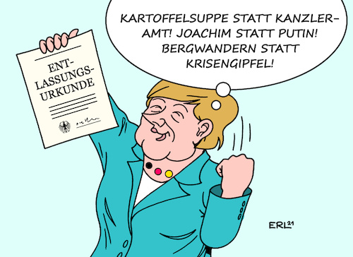 Cartoon: Merkels Vorfreude (medium) by Erl tagged politik,wahl,bundestagswahl,2021,konstituierung,neu,bundestag,entlassung,regierung,geschäftsführend,amt,bundeskanzlerin,angela,merkel,vorfreude,ruhestand,kartoffelsuppe,joachim,sauer,ehemann,bergwandern,kanzleramt,putin,krisengipfel,karikatur,erl,politik,wahl,bundestagswahl,2021,konstituierung,neu,bundestag,entlassung,regierung,geschäftsführend,amt,bundeskanzlerin,angela,merkel,vorfreude,ruhestand,kartoffelsuppe,joachim,sauer,ehemann,bergwandern,kanzleramt,putin,krisengipfel,karikatur,erl