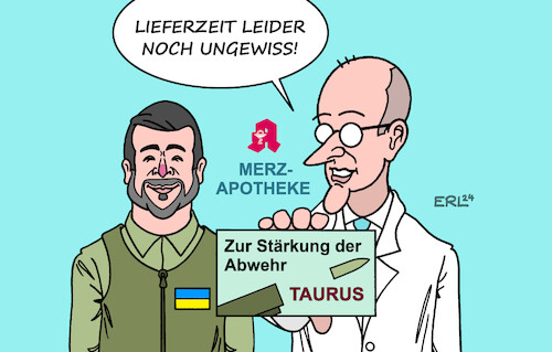 Cartoon: Merz in Kiew (medium) by Erl tagged politik,merz,ukraine,kiew,selenskyj,taurus,abwehr,immunsystem,apotheke,lieferengpass,karikatur,erl,politik,merz,ukraine,kiew,selenskyj,taurus,abwehr,immunsystem,apotheke,lieferengpass,karikatur,erl