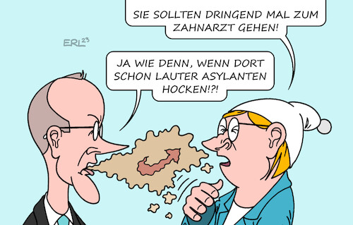 Cartoon: Merzens Mundgeruch I (medium) by Erl tagged politik,cdu,vorsitzender,friedrich,merz,aussage,asylbewerber,ausnutzung,deutschland,gesundheitssystem,beitragszahler,falschaussage,parolen,afd,nutzen,rechtspopulismus,rechtsextremismus,kritik,schnappatmung,mundgeruch,zahnarzt,michel,karikatur,erl,politik,cdu,vorsitzender,friedrich,merz,aussage,asylbewerber,ausnutzung,deutschland,gesundheitssystem,beitragszahler,falschaussage,parolen,afd,nutzen,rechtspopulismus,rechtsextremismus,kritik,schnappatmung,mundgeruch,zahnarzt,michel,karikatur,erl