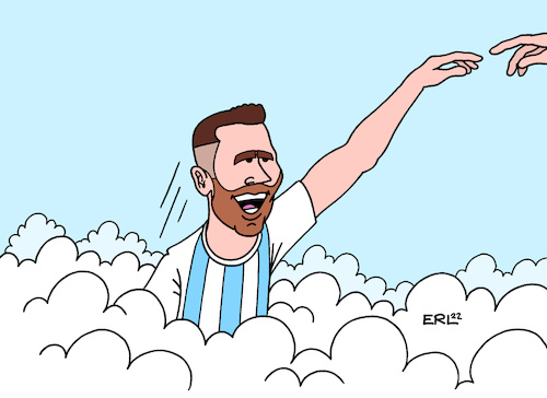 Cartoon: Messi (medium) by Erl tagged politik,sport,fußball,wm,2022,katar,endspiel,weltmeister,argentinien,superstar,lionel,messi,hand,gottes,diego,maradona,finalgegner,frankreich,karikatur,erl,politik,sport,fußball,wm,2022,katar,endspiel,weltmeister,argentinien,superstar,lionel,messi,hand,gottes,diego,maradona,finalgegner,frankreich,karikatur,erl