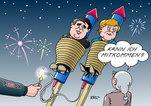 Cartoon: Michel hält zu Mutti (medium) by Erl tagged regierung,koalition,cdu,csu,spd,groko,protest,pegida,rechtspopulismus,rechtsextremismus,ablehnung,politik,politiker,sigmar,gabriel,angela,merkel,beliebtheit,michel,silvester,jahreswechsel,feuerwerk,rakete,karikatur,erl,regierung,koalition,cdu,csu,spd,groko,protest,pegida,rechtspopulismus,rechtsextremismus,ablehnung,politik,politiker,sigmar,gabriel,angela,merkel,beliebtheit,michel,silvester,jahreswechsel,feuerwerk,rakete