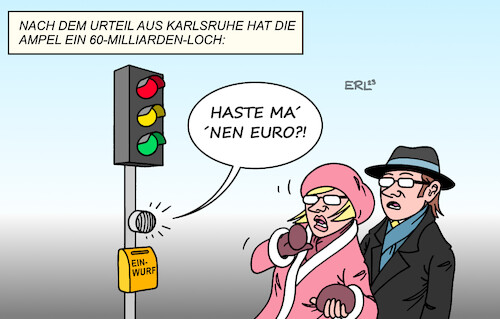 Cartoon: Milliardenloch (medium) by Erl tagged politik,finanzen,coronahilfen,notsituation,aussetzung,schuldenbremse,bundesregierung,ampel,spd,grüne,fdp,sondervermögen,klimaschutz,bundesverfassungsgericht,karlsruhe,urteil,finanzloch,60,milliarden,euro,betteln,karikatur,erl,politik,finanzen,coronahilfen,notsituation,aussetzung,schuldenbremse,bundesregierung,ampel,spd,grüne,fdp,sondervermögen,klimaschutz,bundesverfassungsgericht,karlsruhe,urteil,finanzloch,60,milliarden,euro,betteln,karikatur,erl