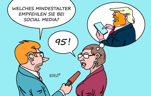 Cartoon: Mindestalter Social Media (medium) by Erl tagged politik,internet,social,media,gefahr,kinder,demokratie,forderung,mindestalter,trump,handy,smartphone,karikatur,erl,politik,internet,social,media,gefahr,kinder,demokratie,forderung,mindestalter,trump,handy,smartphone,karikatur,erl