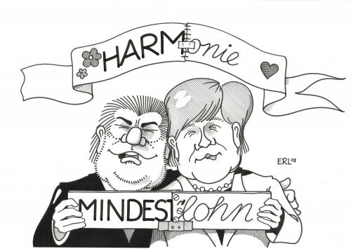 Cartoon: Mindestlohn (medium) by Erl tagged mindestlohn,große,koalition,cdu,csu,spd,mindestlohn,große,koalition,cdu,csu,spd,kurt beck,angela merkel,sozial,arbeiter,firma,arbeitlosigkeit,hartz4,arbeitsplatz,1eurojob,bündnis,toleranz,harmonie,zusammenarbeit,lösung,gemeinsam,deutschland,debatte,kurt,beck,angela,merkel