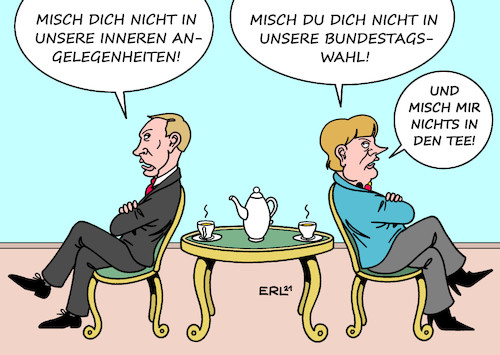 Cartoon: Mischen impossible (medium) by Erl tagged politik,bundeskanzlerin,angela,merkel,besuch,russland,präsident,wladimir,putin,verdacht,einmischung,beeinflussung,bundestagswahl,vergiftung,kremlkritiker,alexei,nawalny,tee,innere,angelegenheiten,einschüchterung,ausschalten,opposition,demokratie,film,mission,impossible,karikatur,erl,politik,bundeskanzlerin,angela,merkel,besuch,russland,präsident,wladimir,putin,verdacht,einmischung,beeinflussung,bundestagswahl,vergiftung,kremlkritiker,alexei,nawalny,tee,innere,angelegenheiten,einschüchterung,ausschalten,opposition,demokratie,film,mission,impossible,karikatur,erl