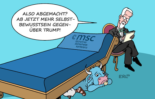 Cartoon: MSC Fazit (medium) by Erl tagged politik,msc,münchner,sicherheitskonferenz,fazit,europa,selbstbewusstsein,usa,trump,eu,stier,psychoanalyse,karikatur,erl,politik,msc,münchner,sicherheitskonferenz,fazit,europa,selbstbewusstsein,usa,trump,eu,stier,psychoanalyse,karikatur,erl