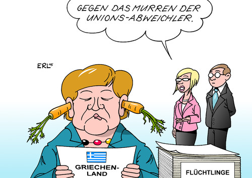 Cartoon: Murren (medium) by Erl tagged griechenland,hilfspaket,drittes,abstimmung,bundestag,abweichler,neinsager,nein,union,cdu,csu,bundeskanzlerin,angela,merkel,regierungsmehrheit,euro,eu,ezb,esm,iwf,eurozone,währungsunion,geld,finanzen,flüchtlinge,mohrrübe,karotte,murren,karikatur,erl,griechenland,hilfspaket,drittes,abstimmung,bundestag,abweichler,neinsager,nein,union,cdu,csu,bundeskanzlerin,angela,merkel,regierungsmehrheit,euro,eu,ezb,esm,iwf,eurozone,währungsunion,geld,finanzen,flüchtlinge,mohrrübe,karotte,murren,karikatur,erl