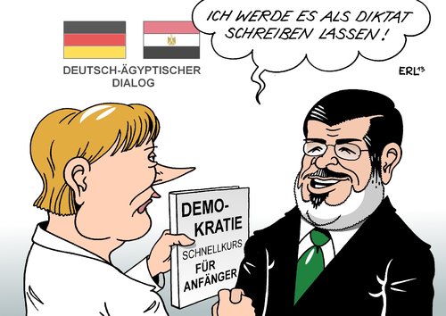 Cartoon: Mursi in Berlin (medium) by Erl tagged ägypten,revolution,diktatur,präsident,mursi,demokratie,defizit,besuch,berlin,deutschland,bundeskanzlerin,merkel,mahnung,ägypten,revolution,diktatur,präsident,mursi,demokratie,defizit,besuch,berlin,deutschland,bundeskanzlerin,merkel,mahnung