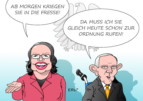 Cartoon: Nahles und Schäuble (medium) by Erl tagged bundestagswahl,2017,wahl,bundestag,spd,fraktionsvorsitzende,oppositionsführerin,andrea,nahles,kampfansage,fresse,bundestagspräsident,wolfgang,schäuble,cdu,ermahnung,ordnung,regierung,demokratie,debatte,karikatur,erl,bundestagswahl,2017,wahl,bundestag,spd,fraktionsvorsitzende,oppositionsführerin,andrea,nahles,kampfansage,fresse,bundestagspräsident,wolfgang,schäuble,cdu,ermahnung,ordnung,regierung,demokratie,debatte,karikatur,erl