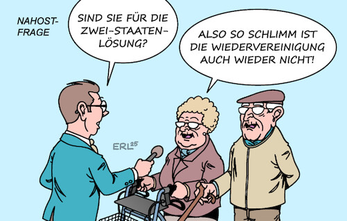Cartoon: Nahostfrage (medium) by Erl tagged politik,nahost,zweistaatenlösung,israel,anerkennung,palästina,gaza,krieg,deutschland,wiedervereinigung,karikatur,erl,politik,nahost,zweistaatenlösung,israel,anerkennung,palästina,gaza,krieg,deutschland,wiedervereinigung,karikatur,erl