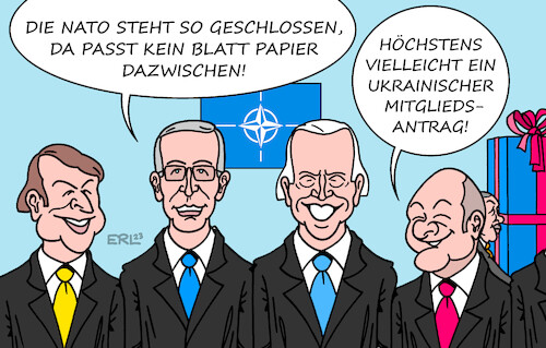 Cartoon: NATO-Geschlossenheit (medium) by Erl tagged politik,krieg,angriff,überfall,russland,nachbarland,reaktion,beitritt,nato,finnland,schweden,blockade,erdogan,zugeständnisse,geschlossenheit,stoltenberg,biden,macron,scholz,diskussion,aufnahme,mitgliedschaft,ukraine,karikatur,erl,politik,krieg,angriff,überfall,russland,nachbarland,reaktion,beitritt,nato,finnland,schweden,blockade,erdogan,zugeständnisse,geschlossenheit,stoltenberg,biden,macron,scholz,diskussion,aufnahme,mitgliedschaft,ukraine,karikatur,erl