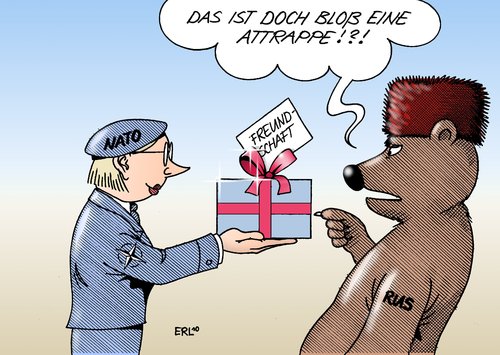 Cartoon: NATO und Russland (medium) by Erl tagged nato,russland,bedrohung,freundschaft,attrappe,nato,russland,bedrohung,freundschaft,attrappe,terror,post