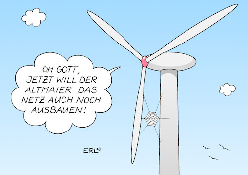 Cartoon: Netzausbau (medium) by Erl tagged politik,energiewende,atomenergie,fossile,brennstoffe,erneuerbare,energien,solarenergie,wasserkraft,windkraft,problem,netz,netzausbau,stromleitung,stromtrasse,gegner,bürger,bürgerinitiativen,windkraftanlage,windrad,spinnennetz,wirtschaftsminister,peter,altmaier,tour,deutschland,ausbau,umwelt,ökologie,ökonomie,karikatur,erl,politik,energiewende,atomenergie,fossile,brennstoffe,erneuerbare,energien,solarenergie,wasserkraft,windkraft,problem,netz,netzausbau,stromleitung,stromtrasse,gegner,bürger,bürgerinitiativen,windkraftanlage,windrad,spinnennetz,wirtschaftsminister,peter,altmaier,tour,deutschland,ausbau,umwelt,ökologie,ökonomie,karikatur,erl