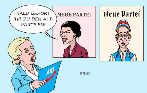 Cartoon: Neue Parteien (medium) by Erl tagged politik,partei,neu,sahra,wagenknecht,austritt,linke,ex,verfassungsschutz,chef,hans,georg,maaßen,cdu,werteunion,erzkonservativ,rechtspopulismus,rechtsextremismus,afd,altpartei,altparteien,karikatur,erl,politik,partei,neu,sahra,wagenknecht,austritt,linke,ex,verfassungsschutz,chef,hans,georg,maaßen,cdu,werteunion,erzkonservativ,rechtspopulismus,rechtsextremismus,afd,altpartei,altparteien,karikatur,erl