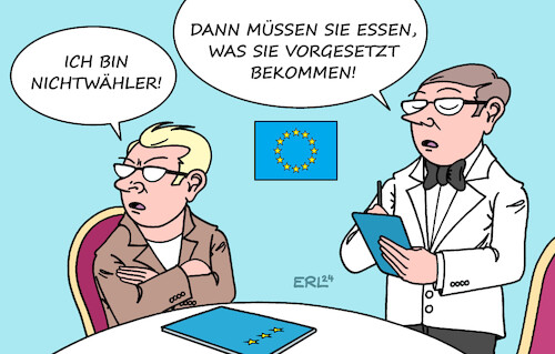 Cartoon: Nichtwähler (medium) by Erl tagged politik,demokratie,europa,eu,europawahl,europaparlament,wähler,nichtwähler,stärkung,rechtspopulismus,rechtsextremismus,gefahr,rechtsruck,drei,sterne,restaurant,ober,bestellung,speisekarte,auswahl,essen,karikatur,erl,politik,demokratie,europa,eu,europawahl,europaparlament,wähler,nichtwähler,stärkung,rechtspopulismus,rechtsextremismus,gefahr,rechtsruck,drei,sterne,restaurant,ober,bestellung,speisekarte,auswahl,essen,karikatur,erl