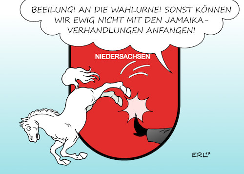 Cartoon: Niedersachsen (medium) by Erl tagged niedersachsen,landtagswahl,bedeutung,bund,koalition,regierung,koalitionsverhandlungen,jamaika,cdu,csu,fdp,bündnis,90,die,grünen,union,warten,wappen,pferd,hannover,hannoveraner,weil,althusmann,karikatur,erl,niedersachsen,landtagswahl,bedeutung,bund,koalition,regierung,koalitionsverhandlungen,jamaika,cdu,csu,fdp,bündnis,90,die,grünen,union,warten,wappen,pferd,hannover,hannoveraner,weil,althusmann,karikatur,erl