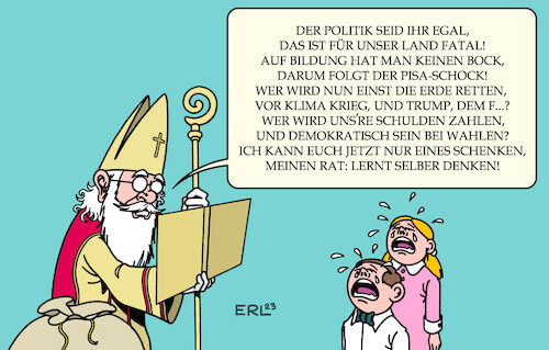 Cartoon: Nikolaus (medium) by Erl tagged politik,bildung,schule,kinder,pisa,test,studie,mangelhaft,bildungspolitik,stiefkind,ländersache,kapital,köpfe,zukunft,lösung,probleme,klima,klimawandel,erderwärmung,autokratie,diktatur,demokratie,menschenrechte,finanzen,schulden,nikolaus,geschenk,rat,denken,karikatur,erl,politik,bildung,schule,kinder,pisa,test,studie,mangelhaft,bildungspolitik,stiefkind,ländersache,kapital,köpfe,zukunft,lösung,probleme,klima,klimawandel,erderwärmung,autokratie,diktatur,demokratie,menschenrechte,finanzen,schulden,nikolaus,geschenk,rat,denken,karikatur,erl