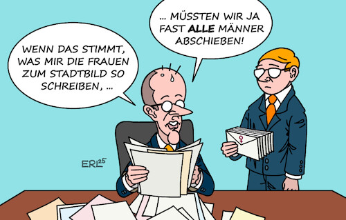 Cartoon: No-Go-Areas im Stadtbild (medium) by Erl tagged politik,merz,stadtbild,diskussion,brief,frauen,unsicherheit,männer,abschieben,karikatur,erl,politik,merz,stadtbild,diskussion,brief,frauen,unsicherheit,männer,abschieben,karikatur,erl