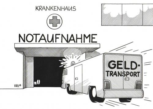 Cartoon: Notfall (medium) by Erl tagged gesundheit,krankenhaus,finanzierung,geld,gesundheit,krankenhaus,finanzierung,geld,notaufnahme,transport,unfall,deutschland,medizin,arzt