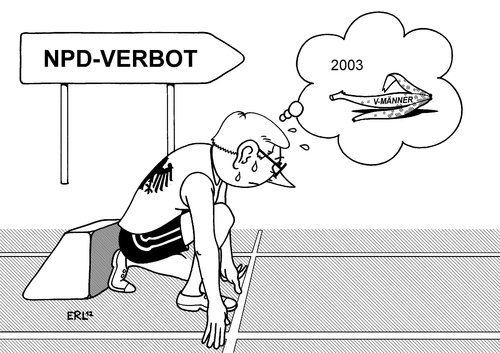 Cartoon: NPD-Verbot II (medium) by Erl tagged npd,partei,verbot,antrag,bundesrat,rechtsextremismus,rechtsradikalismus,rechtsextrem,rechtsradikal,denken,bundesverfassungsgericht,karlsruhe,2003,scheitern,männer,mann