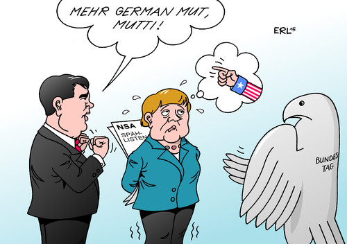 Cartoon: NSA German Mut (medium) by Erl tagged nsa,bnd,geheimdienst,usa,deutschland,ausspähen,abhören,spionage,suchbegriffe,liste,bundeskanzlerin,angela,merkel,einblick,einsicht,parlament,bundestag,bundesadler,erlaubnis,amerika,us,regierung,german,angst,mut,sigmar,gabriel,spd,fdp,karikatur,erl,nsa,bnd,geheimdienst,usa,deutschland,ausspähen,abhören,spionage,suchbegriffe,liste,bundeskanzlerin,angela,merkel,einblick,einsicht,parlament,bundestag,bundesadler,erlaubnis,amerika,us,regierung,german,angst,mut,sigmar,gabriel,spd,fdp,parteitag