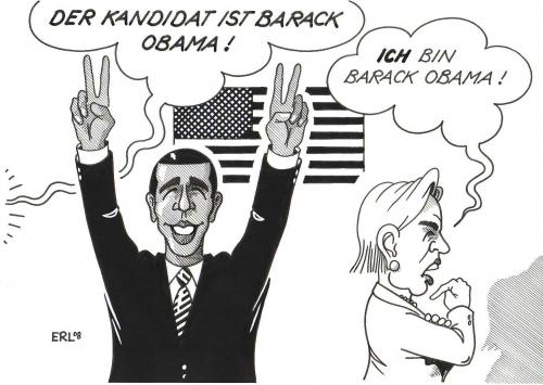 Cartoon: Obama (medium) by Erl tagged usa,obama,clinton,vorwahl,präsidentschaftskandidat,usa,barack,obama,hillary,clinton,vorwahl,präsidentschaftskandidat,2008,wahlen,konkurrenz,mann,frau,sieger,verlierer,sauer,kandidat,barack obama,hillary clinton