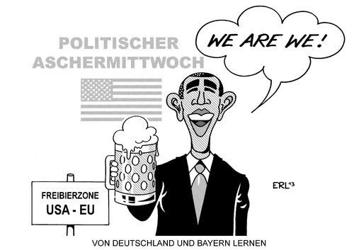 Cartoon: Obama (medium) by Erl tagged obama,rede,lage,nation,selbstbewusstsein,freihandelszone,usa,eu,deutschland,bayern,politischer,aschermittwoch,bier