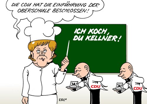 Cartoon: Oberschule (medium) by Erl tagged cdu,parteitag,partei,vorsitz,bundeskanzlerin,angela,merkel,beschluss,einführung,oberschule,zusammenlegung,hauptschule,realschule,koch,kellner,kanzlerwahlverein,parteitag,partei,bundeskanzlerin,merkel,einführung,oberschule,zusammenlegung,realschule,koch,kellner,kanzlerwahlverein,hauptschule,bildung