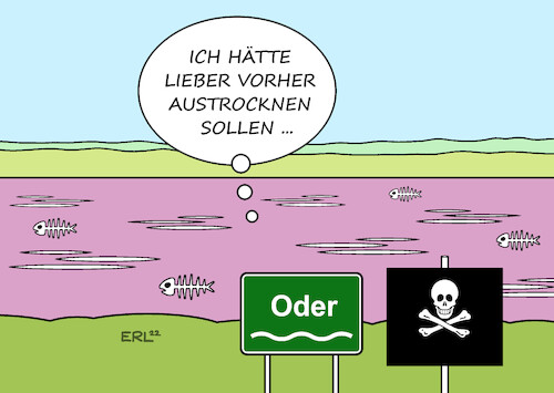 Cartoon: Oder (medium) by Erl tagged politik,umwelt,fluss,oder,deutschland,polen,gift,vergiftung,fischsterben,fische,tod,verbrechen,ökosystem,wasser,klima,klimawandel,hitze,trockenheit,dürre,flussbett,austrocknen,karikatur,erl,politik,umwelt,fluss,oder,deutschland,polen,gift,vergiftung,fischsterben,fische,tod,verbrechen,ökosystem,wasser,klima,klimawandel,hitze,trockenheit,dürre,flussbett,austrocknen,karikatur,erl