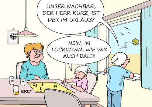 Cartoon: Österreich (medium) by Erl tagged politik,corona,virus,pandemie,covid19,zweite,welle,österreich,lockdown,nachbarn,deutschland,bundeskanzlerin,angela,merkel,mutti,kinder,karikatur,erl,politik,corona,virus,pandemie,covid19,zweite,welle,österreich,lockdown,nachbarn,deutschland,bundeskanzlerin,angela,merkel,mutti,kinder,karikatur,erl