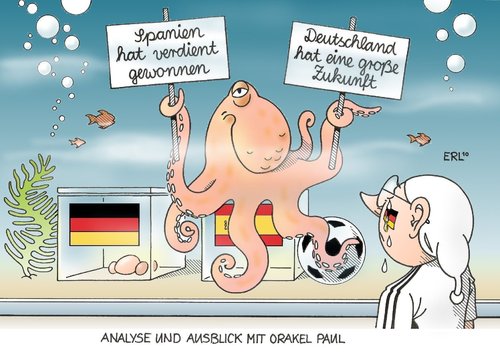 Cartoon: Orakel Paul (medium) by Erl tagged fußball,wm,halbfinale,deutschland,spanien,verdient,gewonnen,zukunft,orakel,paul,krake,tintenfisch,vorhersage,fußball,wm,deutschland,spanien,halbfinale,finale,traum,stier,niederlage,weltmeisterschaft,fifa,verlierer,orakel,paul,krake,orakel paul,zukunft,analyse