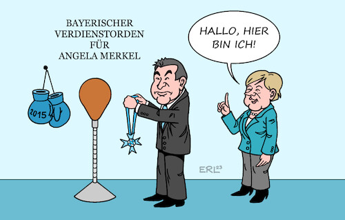 Cartoon: Orden für Merkel (medium) by Erl tagged politik,bayern,ministerpräsident,markus,söder,csu,verleihung,bayerischer,verdienstorden,altbundeskanzlerin,angela,merkel,2015,streit,zoff,flüchtlinge,horst,seehofer,boxen,boxhandschuhe,watschen,karikatur,erl,politik,bayern,ministerpräsident,markus,söder,csu,verleihung,bayerischer,verdienstorden,altbundeskanzlerin,angela,merkel,2015,streit,zoff,flüchtlinge,horst,seehofer,boxen,boxhandschuhe,watschen,karikatur,erl