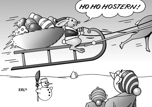 Cartoon: Ostern 2013 (medium) by Erl tagged ostern,frühling,kälte,schnee,eis,winter,weihnachten,weihnachtsmann,osterhase,schlitten,rentier,ei,eier,osterei,ostereier