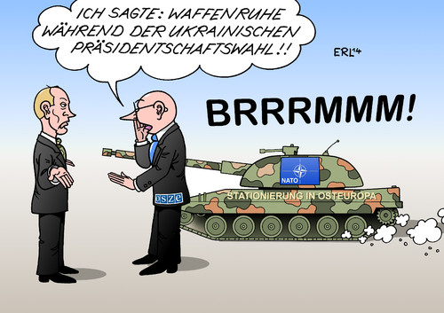 Cartoon: OSZE bei Putin (medium) by Erl tagged ukraine,konflikt,bürgerkrieg,russland,usa,eu,osze,waffenruhe,präsidentschaftswahl,nato,stationierung,truppen,osteuropa,panzer,lärm,verständigung,ukraine,konflikt,bürgerkrieg,russland,usa,eu,osze,waffenruhe,präsidentschaftswahl,nato,stationierung,truppen,osteuropa,panzer,lärm,verständigung