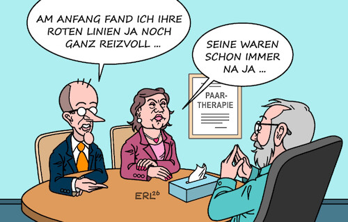 Cartoon: Paartherapie (medium) by Erl tagged politik,regierung,koalition,schwarz,rot,krise,streit,rote,linien,paartherapie,merz,klingbeil,karikatur,erl,politik,regierung,koalition,schwarz,rot,krise,streit,rote,linien,paartherapie,merz,klingbeil,karikatur,erl