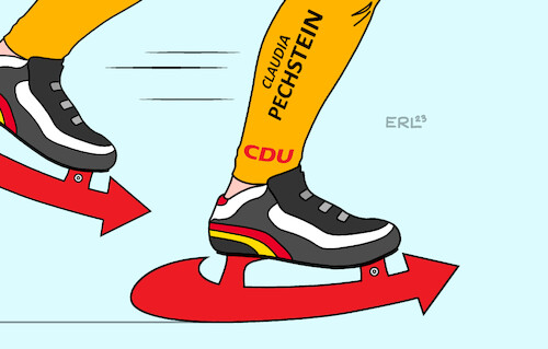 Cartoon: Pechstein (medium) by Erl tagged politik,partei,cdu,parteitag,rede,ex,eisschnellläuferin,claudia,pechstein,polizei,uniform,asyl,asylrecht,flüchtlinge,position,afd,schlittschuh,kufen,eisschnelllauf,glatteis,eis,karikatur,erl,politik,partei,cdu,parteitag,rede,ex,eisschnellläuferin,claudia,pechstein,polizei,uniform,asyl,asylrecht,flüchtlinge,position,afd,schlittschuh,kufen,eisschnelllauf,glatteis,eis,karikatur,erl