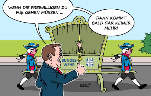 Cartoon: Personalmangel (medium) by Erl tagged politik,bundeswehr,zustand,mangel,personalmangel,freiwillige,wehrpflicht,sänfte,verteidigungsminister,pistorius,karikatur,erl,politik,bundeswehr,zustand,mangel,personalmangel,freiwillige,wehrpflicht,sänfte,verteidigungsminister,pistorius,karikatur,erl