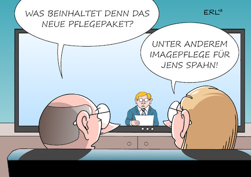 Cartoon: Pflegepaket (medium) by Erl tagged politik,pflege,pflegepaket,groko,große,koalition,cdu,csu,spd,pflegenotstand,pflegekräfte,personal,stellen,finanzierung,geld,krankenkasse,krankenhaus,altenheim,ambulant,gesundheitsminister,jens,spahn,profilierung,imagepflege,bewerbung,parteivorsitz,alter,krankheit,gesundheit,karikatur,erl,politik,pflege,pflegepaket,groko,große,koalition,cdu,csu,spd,pflegenotstand,pflegekräfte,personal,stellen,finanzierung,geld,krankenkasse,krankenhaus,altenheim,ambulant,gesundheitsminister,jens,spahn,profilierung,imagepflege,bewerbung,parteivorsitz,alter,krankheit,gesundheit,karikatur,erl