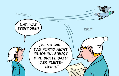 Cartoon: Porto (medium) by Erl tagged politik,post,dhl,brief,zustellung,rückgang,menge,defizit,erhöhung,porto,brieftaube,pleitegeier,michel,karikatur,erl,politik,post,dhl,brief,zustellung,rückgang,menge,defizit,erhöhung,porto,brieftaube,pleitegeier,michel,karikatur,erl