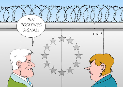 Cartoon: Positives Signal (medium) by Erl tagged politik,deutschland,streit,flüchtlingspolitik,asylmasterplan,flüchtlinge,grenze,innenminister,horst,seehofer,national,alleingang,bundeskanzlerin,merkel,cdu,eu,recht,europa,gemeinsam,treffen,gipfel,abschottung,abschreckung,lager,csu,signal,positiv,landtagswahl,bayern,angst,afd,wähler,karikatur,erl,politik,deutschland,streit,flüchtlingspolitik,asylmasterplan,flüchtlinge,grenze,innenminister,horst,seehofer,national,alleingang,bundeskanzlerin,merkel,cdu,eu,recht,europa,gemeinsam,treffen,gipfel,abschottung,abschreckung,lager,csu,signal,positiv,landtagswahl,bayern,angst,afd,wähler,karikatur,erl