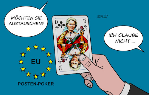 Cartoon: Posten-Poker (medium) by Erl tagged politik,eu,wahl,europawahl,europaparlament,neuvergabe,spitzenposten,außenminister,außenministerin,ratspräsident,ratspräsidentin,kommissionspräsident,kommissionspräsidentin,ursula,von,der,leyen,posten,poker,karte,dame,staatschefs,regierungschefs,hinterzimmer,demokratie,karikatur,erl,politik,eu,wahl,europawahl,europaparlament,neuvergabe,spitzenposten,außenminister,außenministerin,ratspräsident,ratspräsidentin,kommissionspräsident,kommissionspräsidentin,ursula,von,der,leyen,posten,poker,karte,dame,staatschefs,regierungschefs,hinterzimmer,demokratie,karikatur,erl