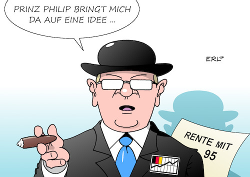 Cartoon: Prinz Philip (medium) by Erl tagged großbritannien,vereinigtes,königreich,gb,uk,monarchie,königin,queen,elizabeth,ii,ehemann,prinz,philip,rückzug,öffentlichkeit,termine,rente,alter,95,anregung,idee,wirtschaft,deutschland,renteneintrittsalter,65,67,70,steigerung,arbeitszeit,lebensarbeitszeit,karikatur,erl,großbritannien,vereinigtes,königreich,gb,uk,monarchie,königin,queen,elizabeth,ii,ehemann,prinz,philip,rückzug,öffentlichkeit,termine,rente,alter,95,anregung,idee,wirtschaft,deutschland,renteneintrittsalter,65,67,70,steigerung,arbeitszeit,lebensarbeitszeit,karikatur,erl