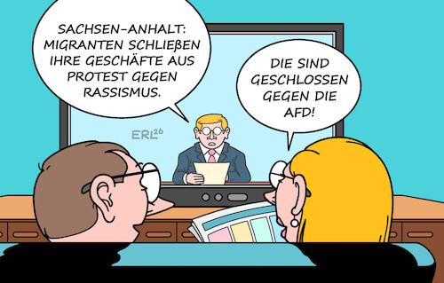 Cartoon: Protest (medium) by Erl tagged politik,sachsen,anhalt,afd,rechtsextremismus,rassismus,protest,migrantinnen,migranten,schließung,geschäfte,karikatur,erl,politik,sachsen,anhalt,afd,rechtsextremismus,rassismus,protest,migrantinnen,migranten,schließung,geschäfte,karikatur,erl