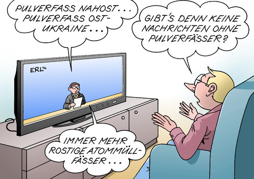 Cartoon: Pulverfass (medium) by Erl tagged nahost,israel,palästina,anschlag,ukraine,krise,russland,eu,usa,ostukraine,pulverfass,atommüllfass,atommüll,zwischenlager,fass,rost,leck,fernsehen,zuschauer,karikatur,erl,nahost,israel,palästina,anschlag,ukraine,krise,russland,eu,usa,ostukraine,pulverfass,atommüllfass,atommüll,zwischenlager,fass,rost,leck,fernsehen,zuschauer