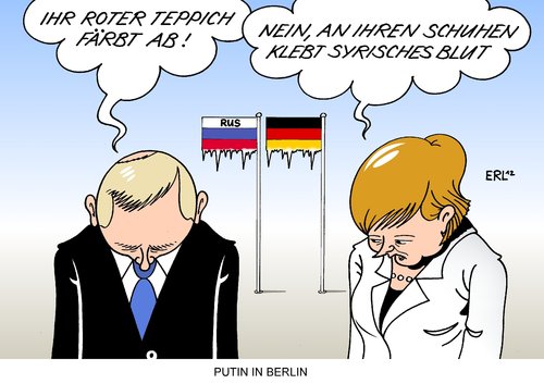 Cartoon: Putin in Berlin (medium) by Erl tagged wladimir,putin,präsident,russland,amgela,merkel,bundeskanzlerin,deutschland,besuch,kritik,demokratie,meinungsfreiheit,pressefreiheit,syrien,bürgerkrieg,diktator,assad,massaker,blut,rot,teppich,putin,russland,merkel,deutschland,demokratie,meinungsfreiheit,pressefreiheit,syrien,bürgerkrieg,diktator,assad