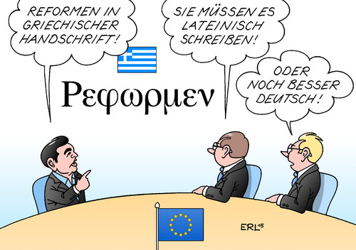 Cartoon: Reformen (medium) by Erl tagged griechenland,schulden,euro,eu,ezb,iwf,hilfe,reformen,griechisch,lateinisch,deutsch,tsipras,schrift,alphabet,karikatur,erl,griechenland,schulden,euro,eu,ezb,iwf,hilfe,reformen,griechisch,lateinisch,deutsch,tsipras,schrift,alphabet