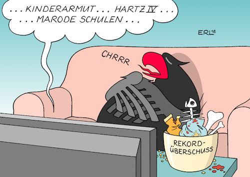 Cartoon: Rekordüberschuss (medium) by Erl tagged politik,deutschland,staat,bund,länder,gemeinden,finanzen,einnahmen,ausgaben,überschuss,rekord,investitionen,kinder,bildung,schulen,infrastruktur,konjunktur,wirtschaft,konsum,bundesadler,übergewicht,dick,fernsehen,sofa,couchpotato,kinderarmut,hartz,iv,karikatur,erl,politik,deutschland,staat,bund,länder,gemeinden,finanzen,einnahmen,ausgaben,überschuss,rekord,investitionen,kinder,bildung,schulen,infrastruktur,konjunktur,wirtschaft,konsum,bundesadler,übergewicht,dick,fernsehen,sofa,couchpotato,kinderarmut,hartz,iv,karikatur,erl