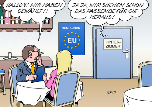 Cartoon: Restaurant EU (medium) by Erl tagged eu,europa,wahl,europawahl,parlament,kommission,kommissionspräsident,hinterzimmer,kungelei,feilschen,restaurant,bestellung,eu,europa,wahl,europawahl,parlament,kommission,kommissionspräsident,hinterzimmer,kungelei,feilschen,restaurant,bestellung